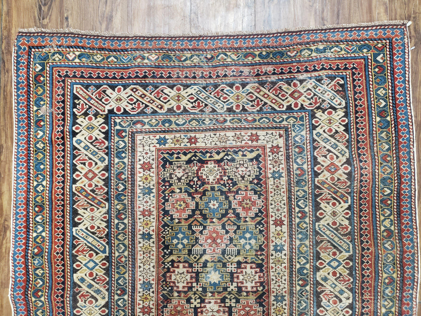 Caucasian Rug 3'9" x 5'7", Antique 1920s Collectible Caucasian Chi Chi Carpet, Hand Knotted, Colorful, Dark Blue Cream Red, Wool, Small Rug