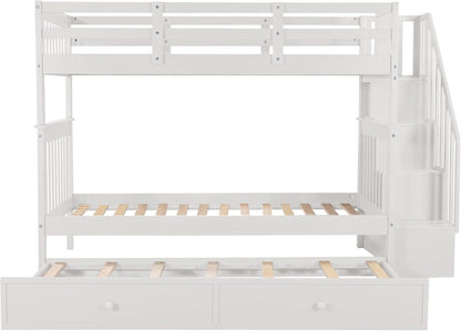 Twin Over Twin Bunk Bed With Stairs And Trundle White