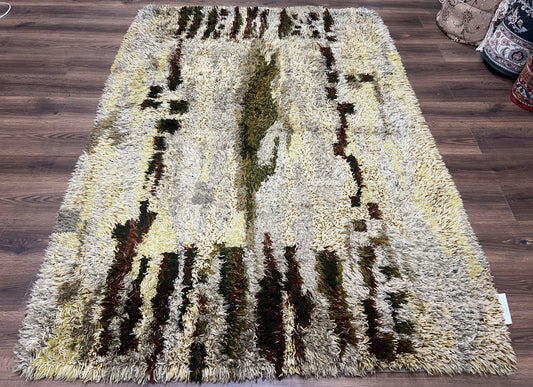 Swedish Rya Shag Rug 5x8, Multicolor Abstract Mid Century Vintage Retro Shag Rug, Soft Fluffy High Pile, Cream Gray Greens, 5 x 8 Shag Rug