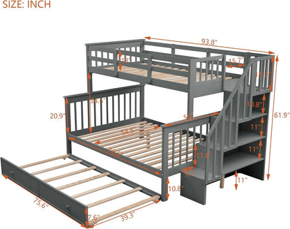 Twin Over Full Bunk Bed With Trundle Storage Shelves Grey