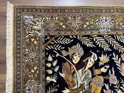Persian Qum Pictorial Rug 4.8 x 6.5 - Layla & Majnun, Birds