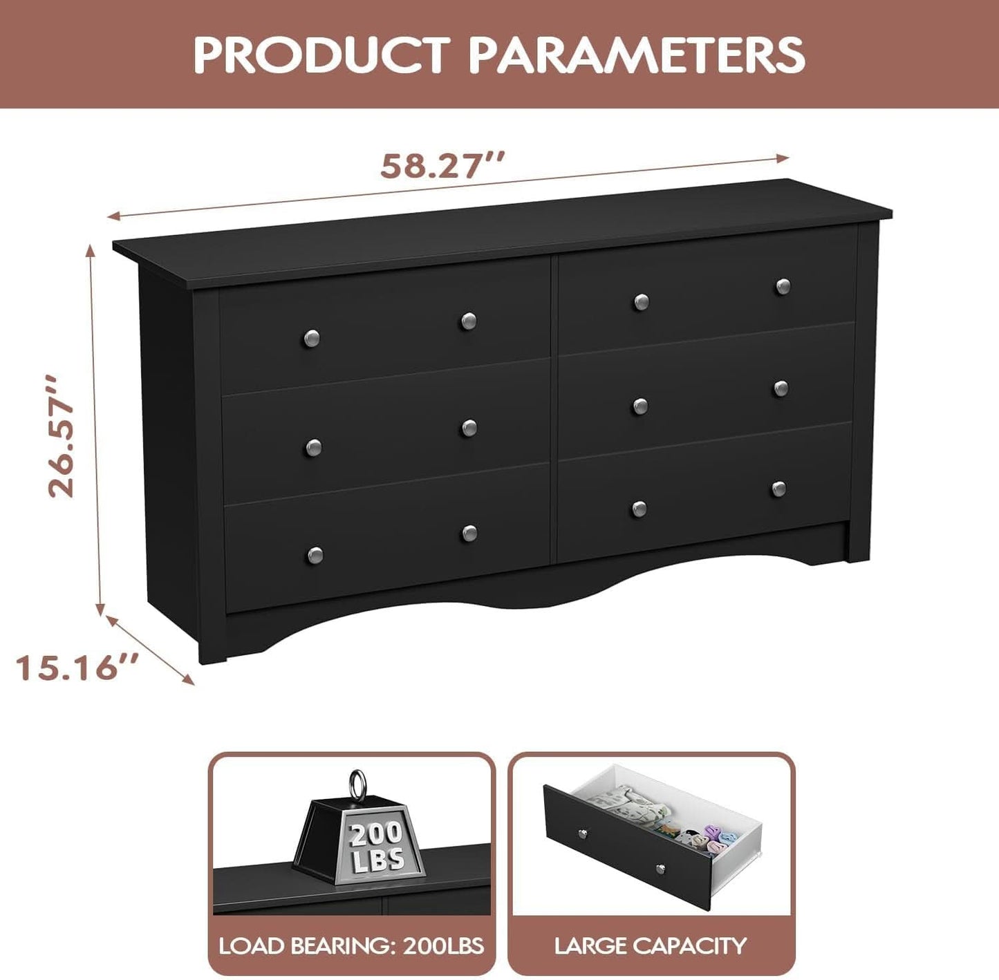 Black Dresser With 6 Drawers And TV Stand Storage Chest
