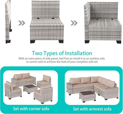 Beige 6 Piece Wicker Patio Sofa Set With Thick Cushions