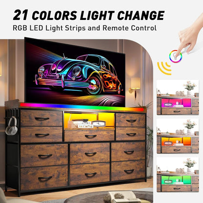Dresser With 11 Drawers And LED Lights For Bedroom