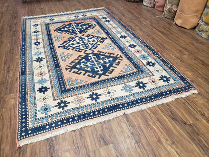 Turkish Kazak Rug 5x8 ft, Bold Geometric Bohemian Carpet, Blue and Ivory Hand Knotted Area Rug, Medium Sized High Quality Wool Oriental Rug