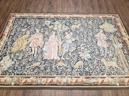 Vintage European Tapestry 5.4 x 7.11, Antique Style European Wall Hanging, Aubusson Weave Handmade Tapestry, Courtship Dating Scene, Animals