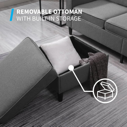 3 Piece Convertible Sofa Set With Linen Upholstery And Storage Ottoman Dark Grey