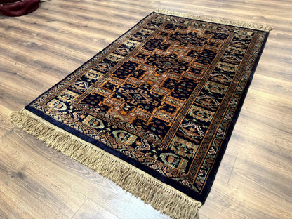 Vintage Afghan Rug 4x6, Navy Blue and Light Brown, Geometric Medallions, Wool on Wool, Tribal Rug