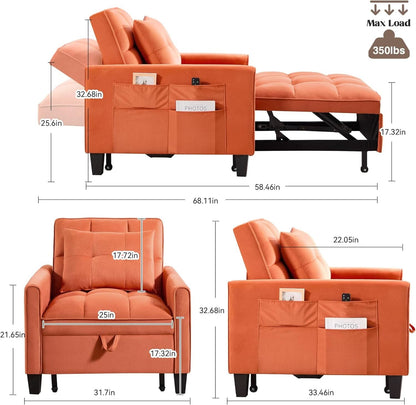 Three In One Velvet Orange Convertible Sleeper Chair