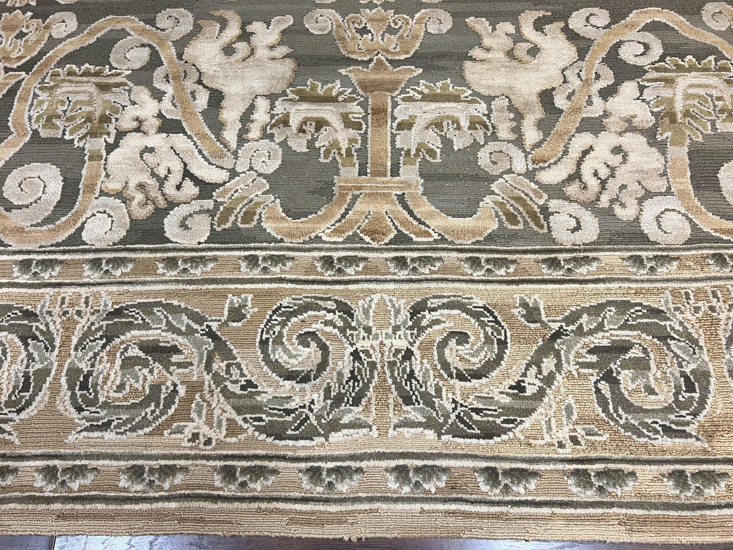 Spanish Rug 11x14, Wool Hand Knotted Vintage Carpet, Olive Green and Beige, Floral Allover, European Design, 11 x 14 Rug