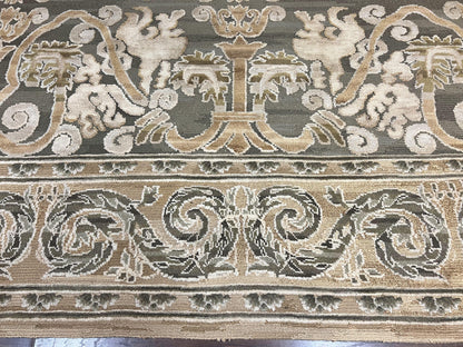 Spanish Rug 11x14, Wool Hand Knotted Vintage Carpet, Olive Green and Beige, Floral Allover, European Design, 11 x 14 Rug