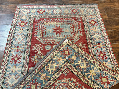 Turkish Kazak Rug 4x6, Handmade Vintage Wool Carpet, Geometric Design, Red and Light Blue
