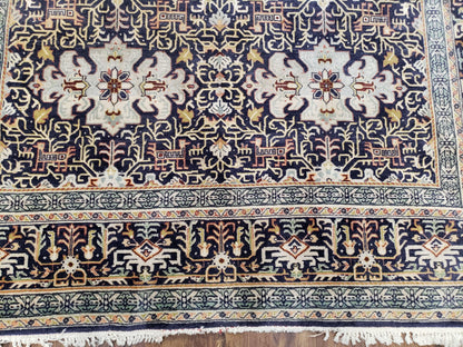 Antique Persian Kashan Rug, Midnight Blue & Ivory, Hand-Knotted, Wool, 4' 8" x 7' 4", Pair B
