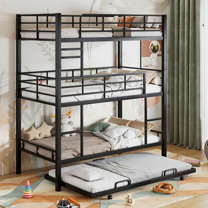 Metal Twin Size Triple Bunk Bed with Trundle, Black for Kids
