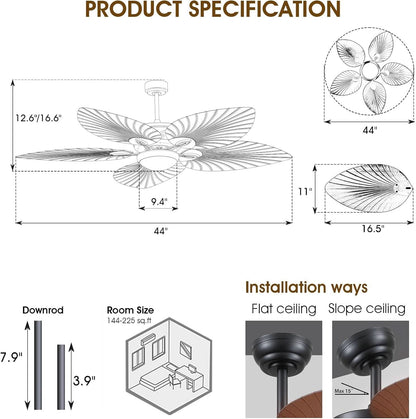 44 Inch Palm Leaf Ceiling Fan With LED Lighting Remote