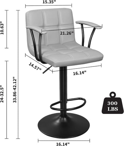 Bar Stools 2 Adjustable Swivel With Back Grey PU Leather