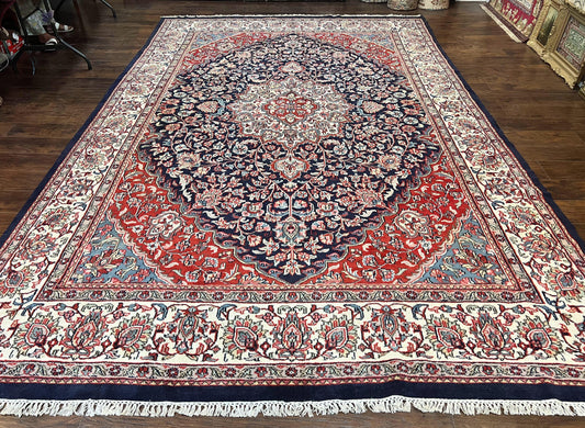 Indo Persian Rug 10x15, Floral Allover, Handmade Vintage Wool Carpet, Dark Blue Ivory Red, Palace Size Traditional Rug