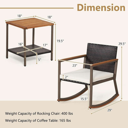 Three Piece Rocking Bistro Set With Cushions And Coffee Table For Outdoor Rattan Patio Off White