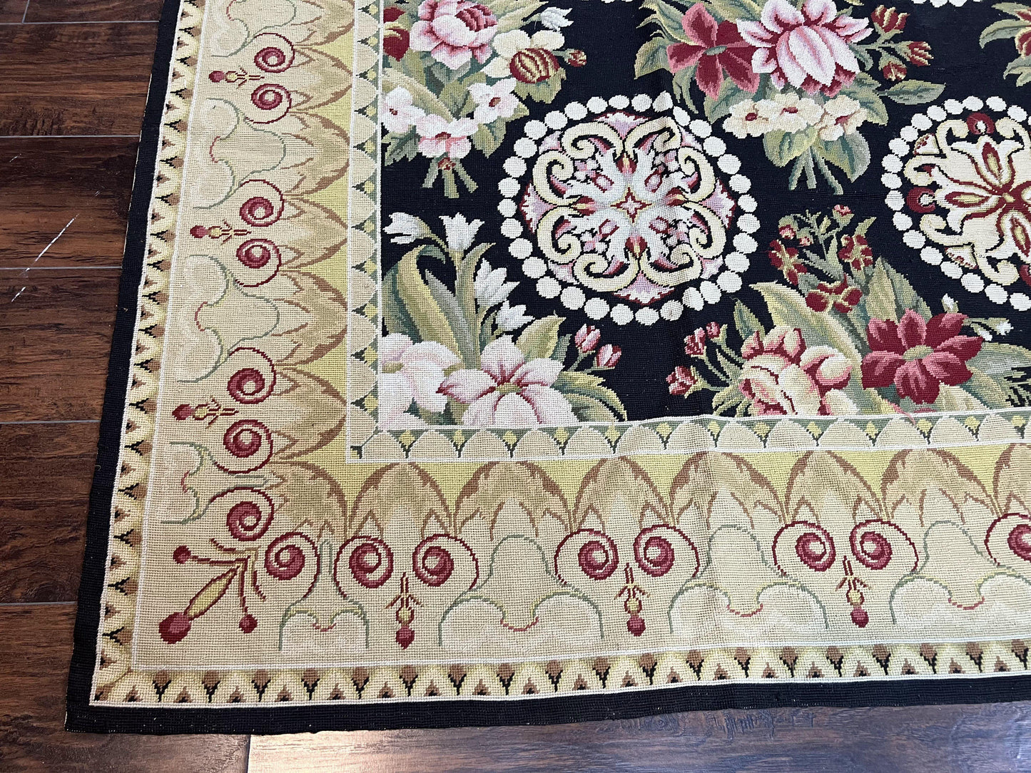 9x12 Black Needlepoint Rug, European Floral Panel Design, Handwoven, Vintage Chinese Needlepoint, Black Green Beige, Wool Rug 9 x 12