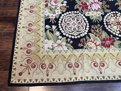 9x12 Black Needlepoint Rug, European Floral Panel Design, Handwoven, Vintage Chinese Needlepoint, Black Green Beige, Wool Rug 9 x 12