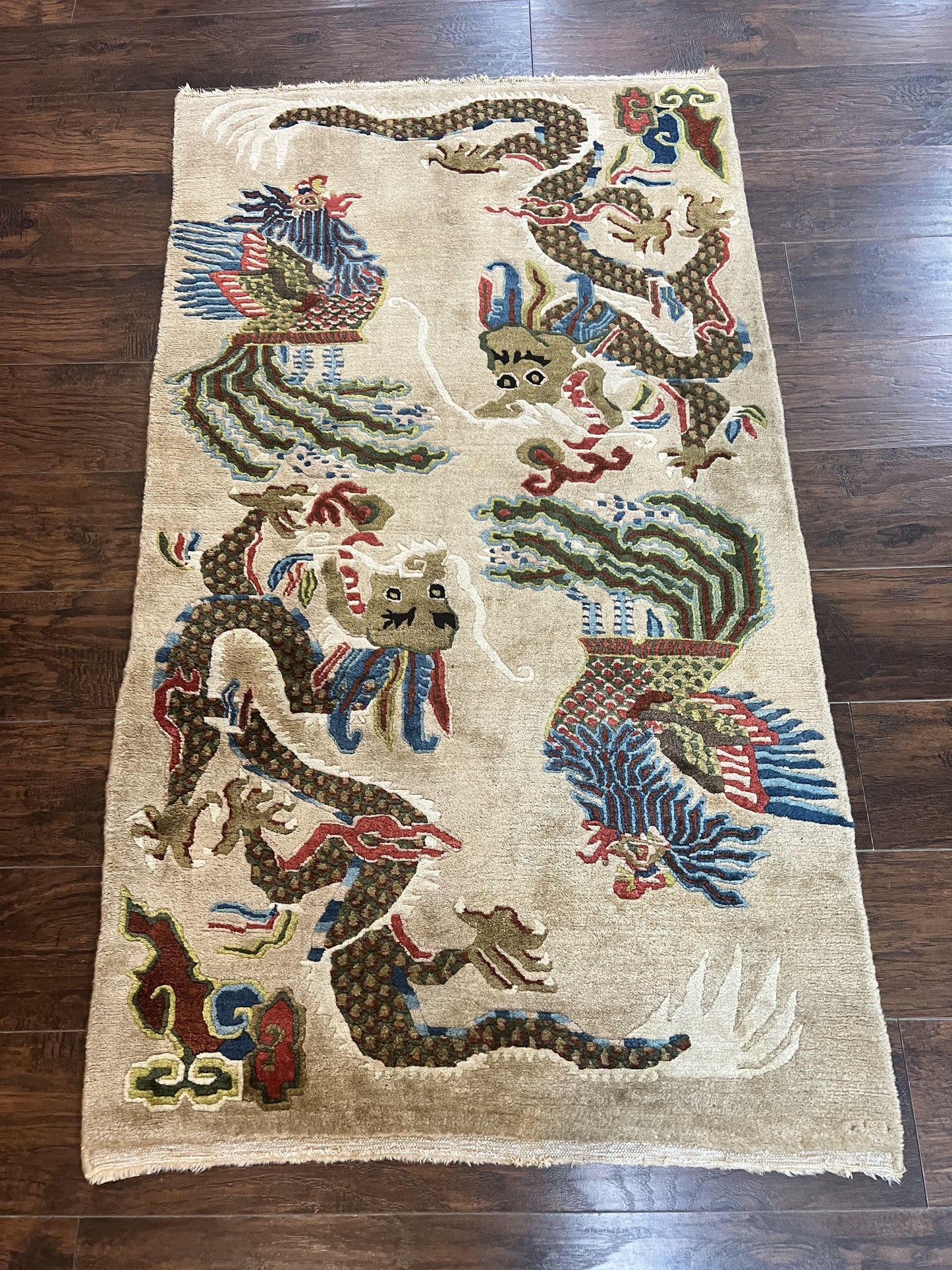 Antique Chinese Peking Rug 3 x 5.6, Dragon Motifs, Handmade Wool Asian Oriental Carpet