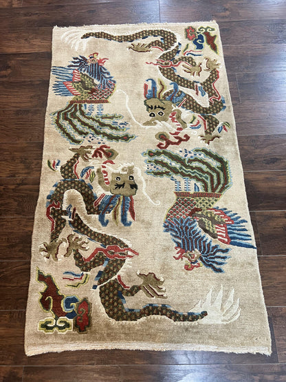 Antique Chinese Peking Rug 3 x 5.6, Dragon Motifs, Handmade Wool Asian Oriental Carpet