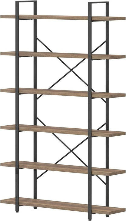 Rustic Oak 6 Tier Tall Bookcase With Metal Frame Industrial