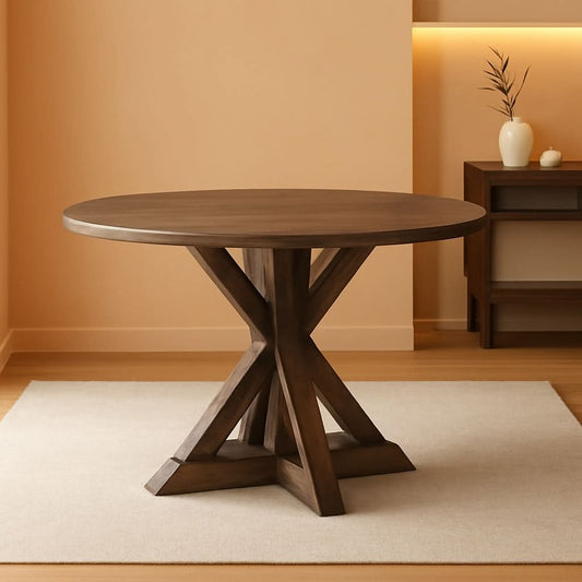 Alfred Round Solid Wood Rustic Dining Table 46.5 Inch Diameter Trestle Pedestal