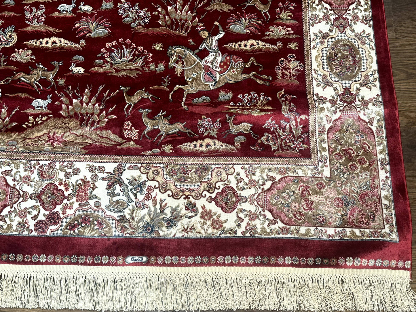Turkish Silk Hunting Design Rug 4x6, Dark Red & Ivory, Bamboo Silk, New