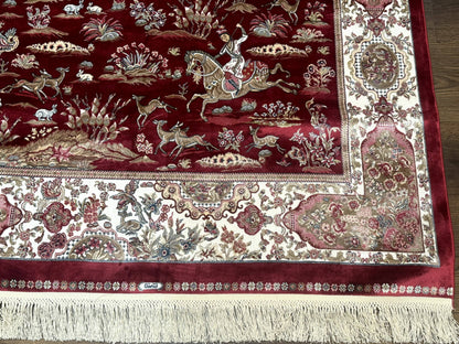 Turkish Silk Hunting Design Rug 4x6, Dark Red & Ivory, Bamboo Silk, New