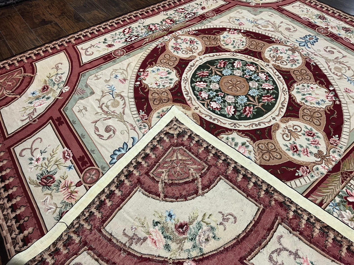Needlepoint Rug 7.9 x 9, Beige Maroon Rose, Handmade Handwoven Flatweave Aubusson Savonnerie French European Elegant Carpet, Wool Rug