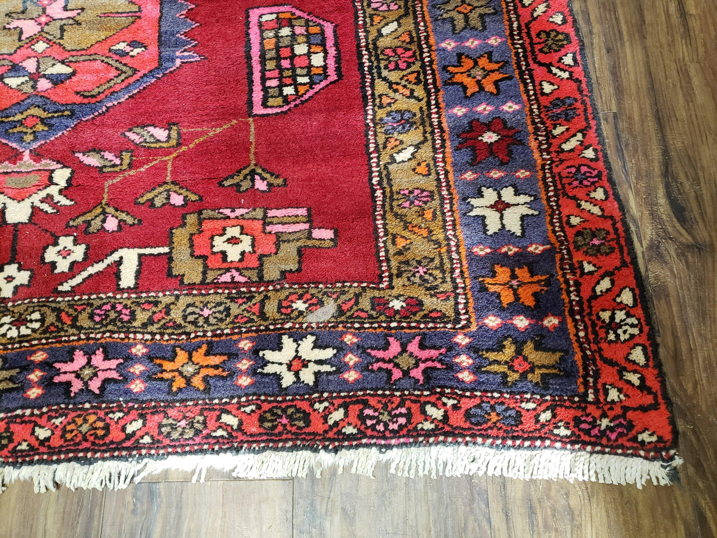 Antique Persian Karajeh Runner Rug 4.4 x 11 ft, Red Colorful Geometric Medallion Runner