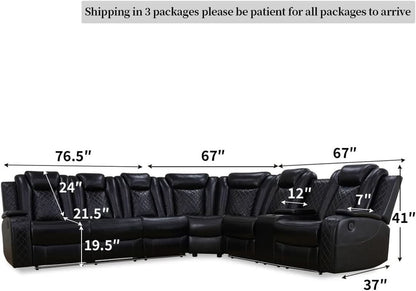 Black Leather Power Recliner Living Room Set With Cup Holders