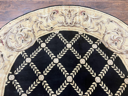 Oval Tibetan Rug 8x10, French Aubusson Design, Wool Handmade Vintage Carpet, Black & Beige, Soft Wool Pile