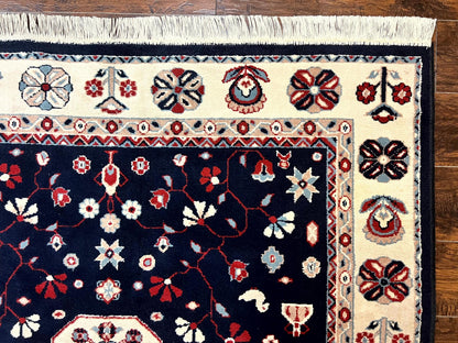 Belgium Power Loomed Rug 5.6 x 7, Navy Blue and Ivory, Heriz Pattern, Vintage Oriental Carpet