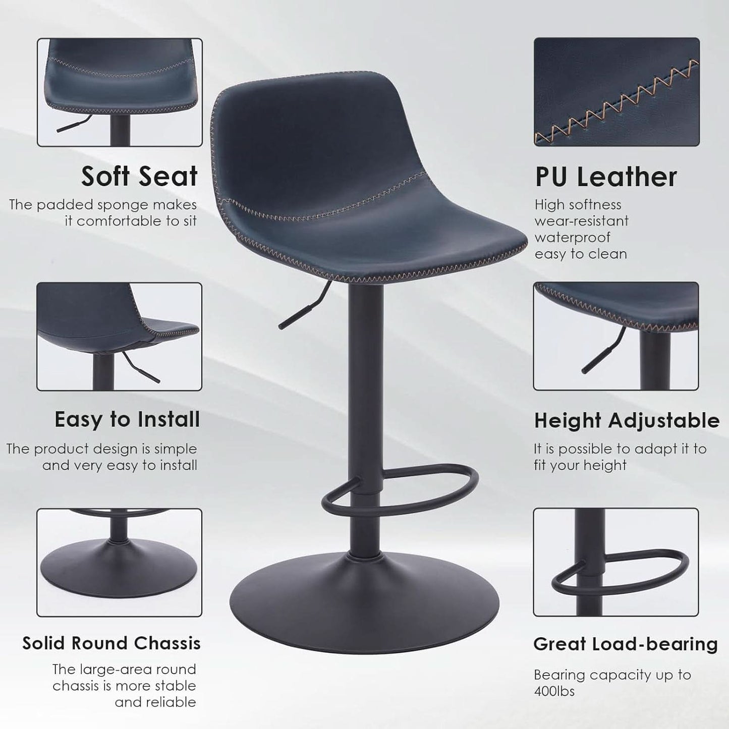 Adjustable Bar Stools Set Of 2 With Swivel Back Support