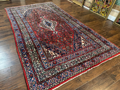 Persian Tribal Rug 6x11, Red Blue Ivory, Antique Persian Carpet, Hamadan Dargazin Carpet