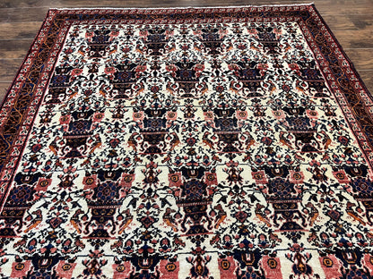 Persian Afshar Rug 6x8, Wool Hand Knotted Semi Antique Vintage Carpet, Floral Allover, Repeated Birds Flowers Vases Motifs