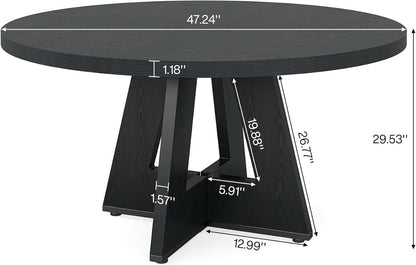 Round Wood Dining Table Farmhouse 47 Inch For Dining Room With Cross Base Black