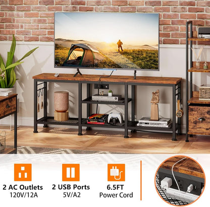 Rustic Brown TV Stand With Power Outlets For 55 Inch TVs