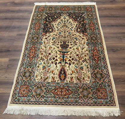 Rare Turkish Hereke Silk Rug 3x5, Tree of Life Persian Vase Design, Very Fine 440 KPSI, Signed