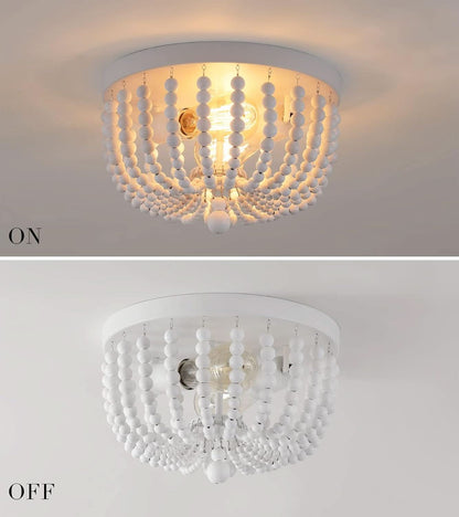 Two Light White Wood Beaded Boho Flush Mount Chandelier For Nursery And Bedroom Decor