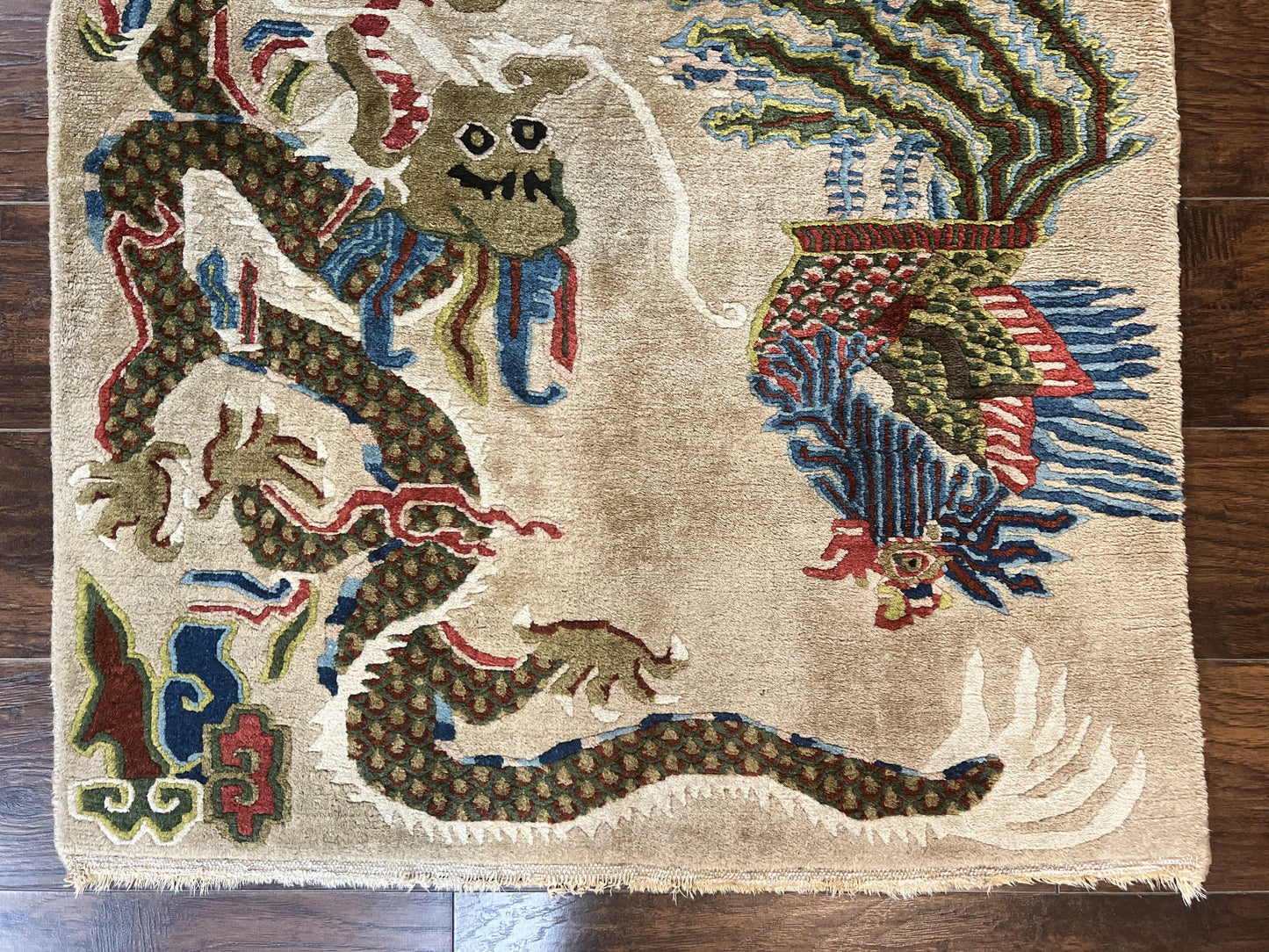 Antique Chinese Peking Rug 3 x 5.6, Dragon Motifs, Handmade Wool Asian Oriental Carpet