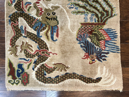 Antique Chinese Peking Rug 3 x 5.6, Dragon Motifs, Handmade Wool Asian Oriental Carpet
