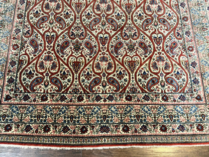 Unique Persian Qum Rug 5x7, Repeated Paisely Boteh Design, Ivory Red Blue, Handmade Antique Wool Persian Carpet, Finely Hand Knotted
