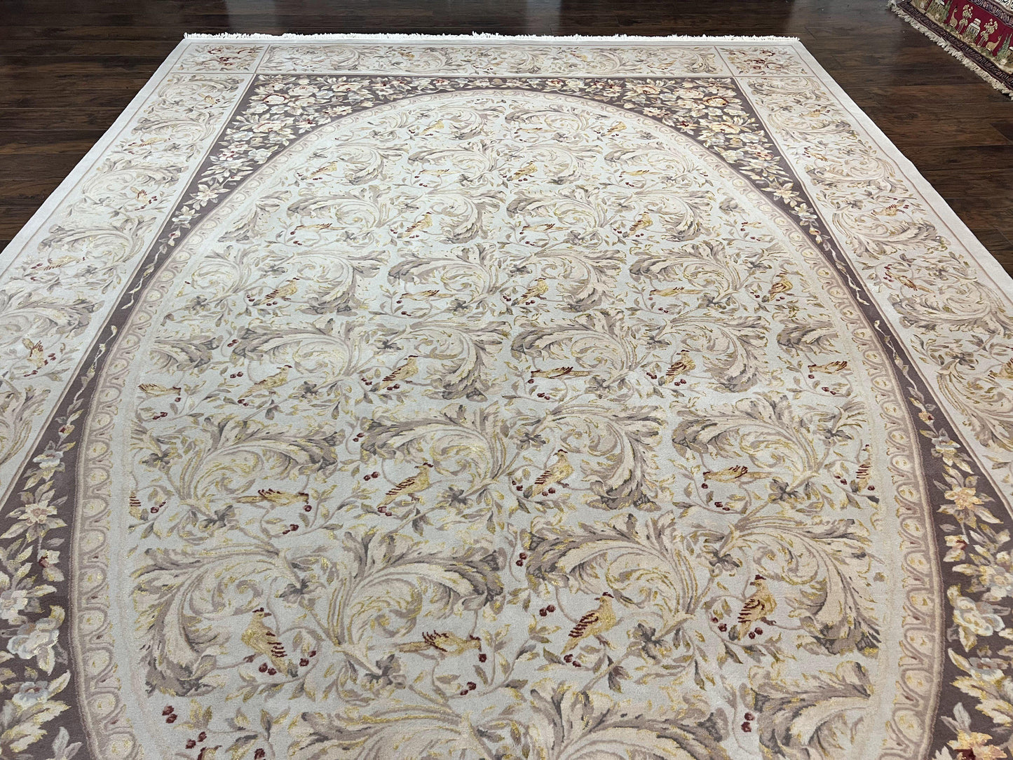 Aubusson Rug 10x14, Wool & Silk Highlights Hand Knotted Vintage Carpet, Birds Flowers, Fine Details, Elegant