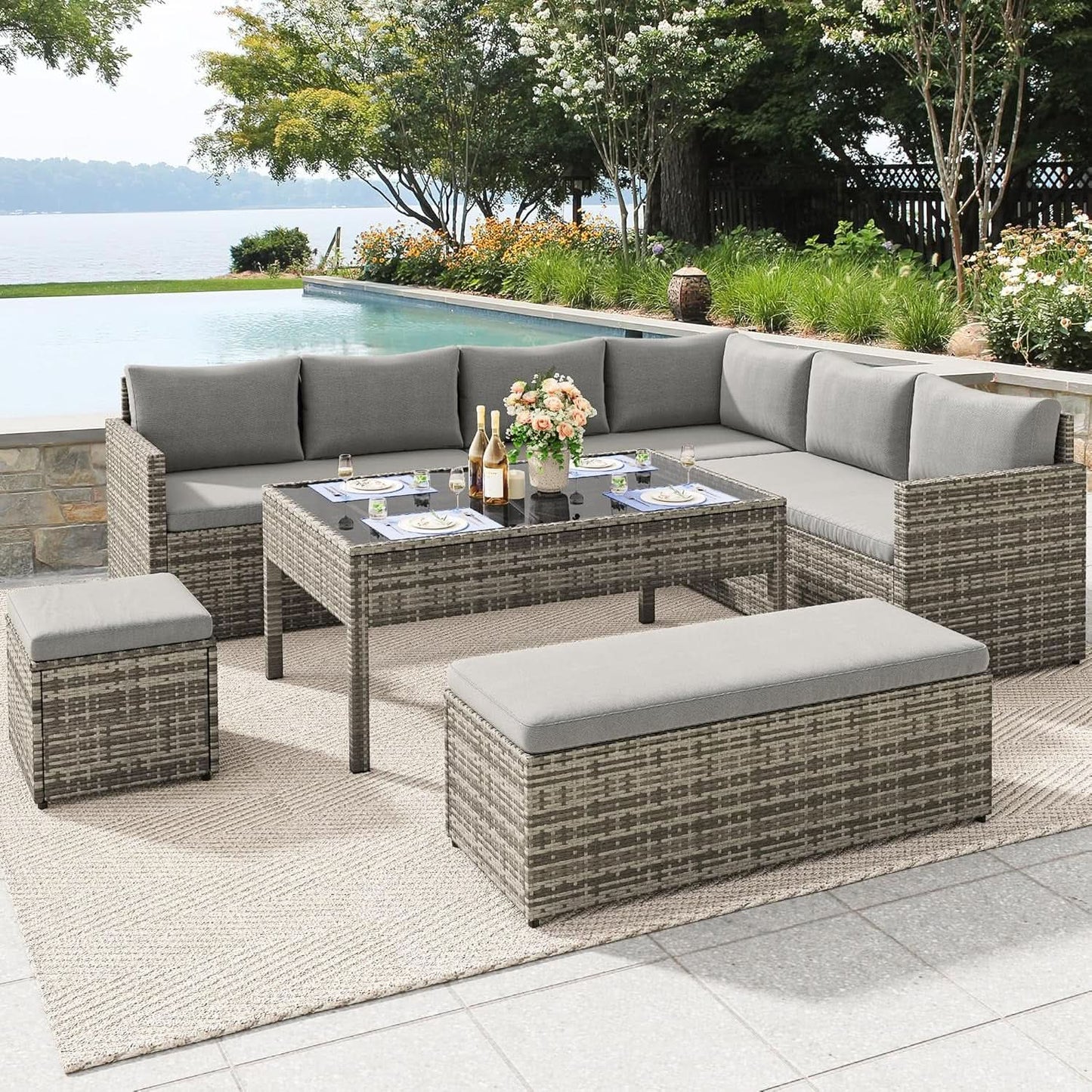 L Shaped Sectional Sofa Set With Lift Top Table Gray