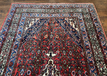 Persian Tribal Rug 6x11, Red Blue Ivory, Antique Persian Carpet, Hamadan Dargazin Carpet