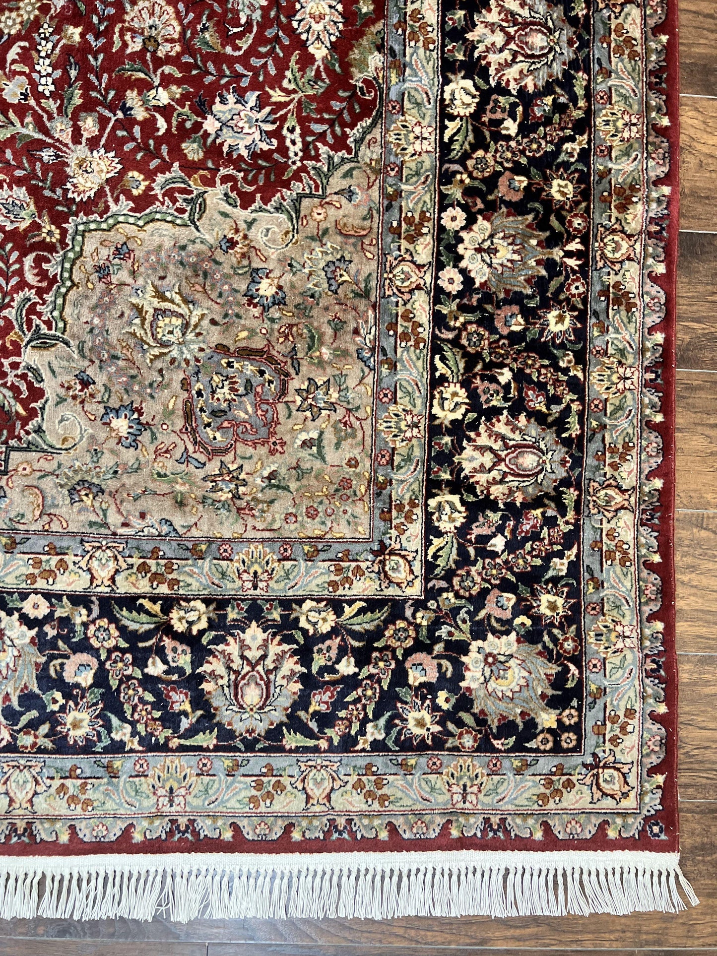 Pak Persian Rug 8x10, Wool Hand Knotted Vintage Carpet, Dark Red & Navy Blue, Dome Design Floral Medallion Rug, 8 x 10 Oriental Rug