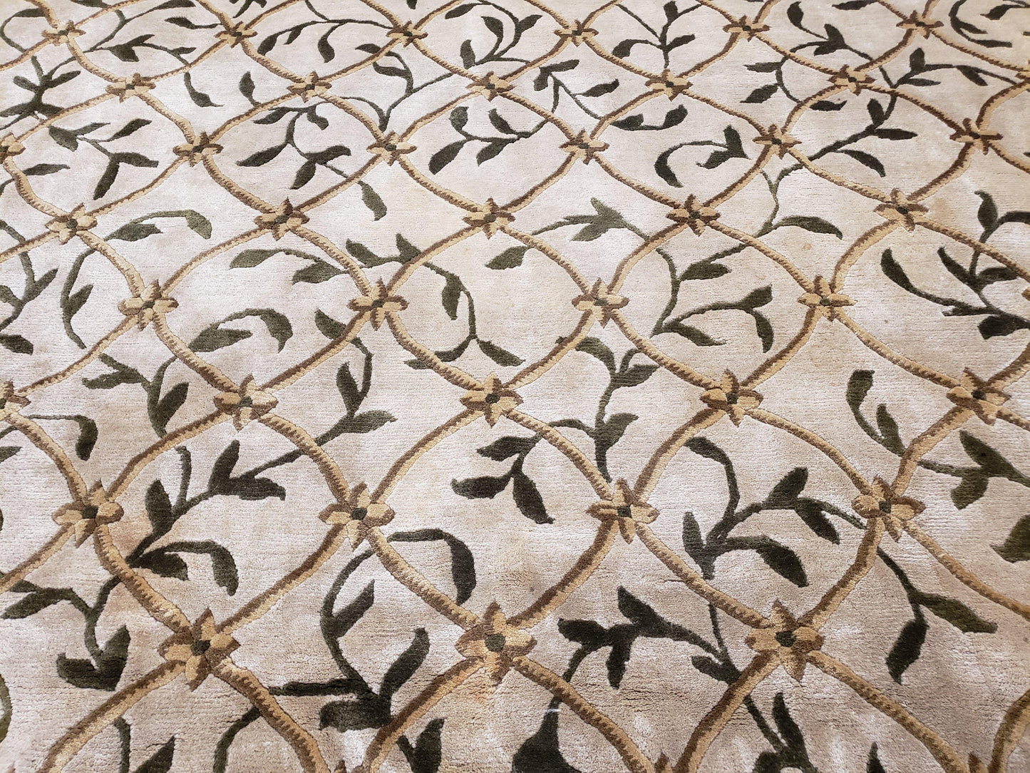 Vintage Tibetan Nepalese Area Rug 9x12, Wool Hand-Knotted, Beige Nepali Soft Pile Carpet, 9 x 12 Living Room Modern Dining Room Rug